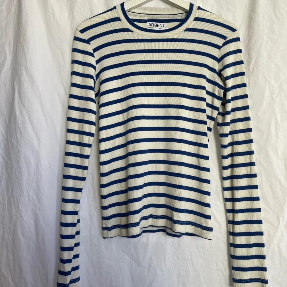 Argent Striped Long Sleeve Crew Neck Top Navy & White Ribbed Knit Capsule Size S